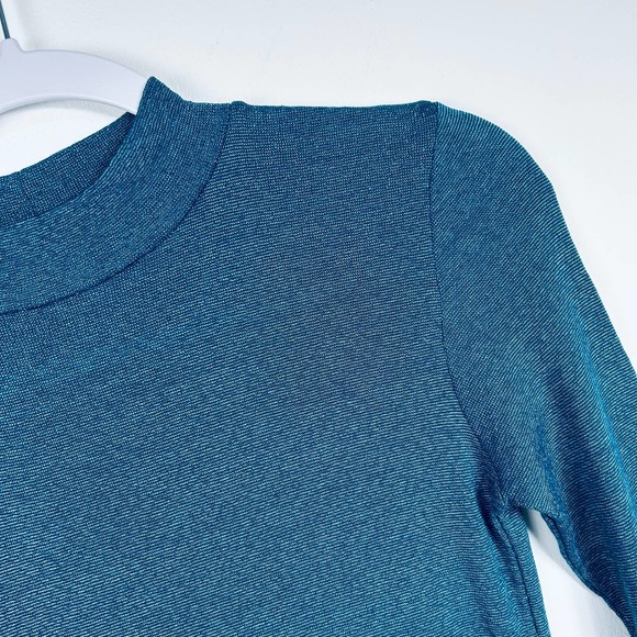 Michael Stars Teal Blue Shimmery Mock Neck Long Sleeved Tee One Size - Picture 2 of 5